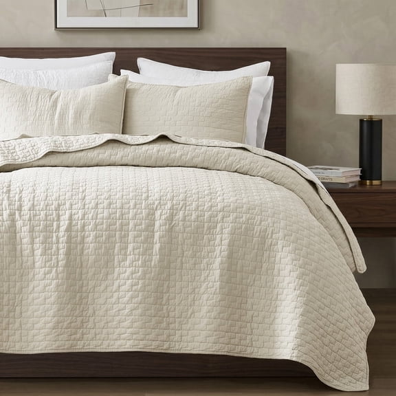WDCOZY Beige 100% Cotton Quilt Set Queen Size, Textured Lightweight Soft Bedspread with 2 Pillow Shams, Breathable All Season Comforter Bedding