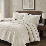 WDCOZY Beige 100% Cotton Quilt Set Queen Size, Textured Lightweight Soft Bedspread with 2 Pillow Shams, Breathable All Season Comforter Bedding