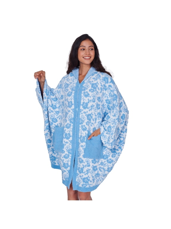 Wearable Blanket Hoodie Poncho Throw Comfy Soft Warm Cape Shawl Cozy Cloak Wrap Hooded with Sleeves For Women Adults,Baby Blue&White Floral