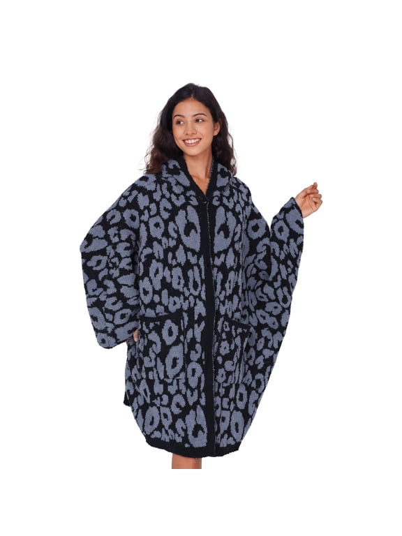 Wearable Blanket Hoodie Poncho Throw Comfy Soft Warm Cape Shawl Cozy Cloak Wrap Hooded with Sleeves For Women Adults,Black Leopard Print