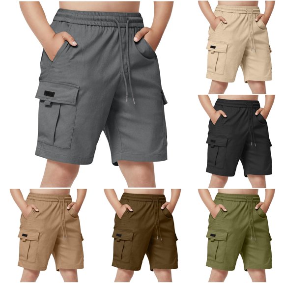 WDDDD Boys Drawstring Multiple Pockets Straight Five Point Cargo Shorts Grey 12-13 Years