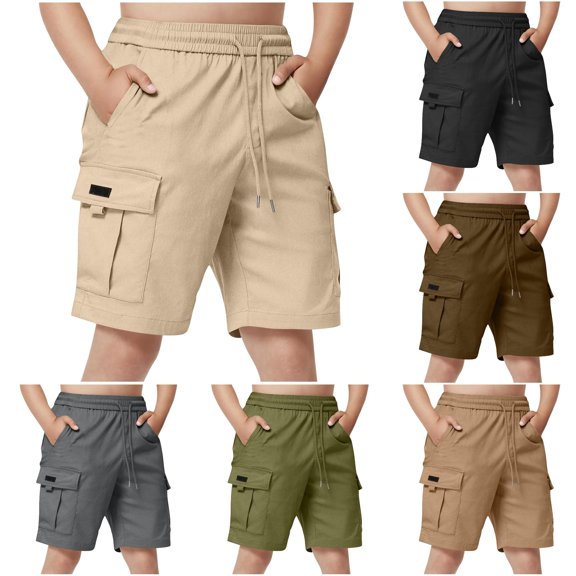 WDDDD Boys Drawstring Multiple Pockets Straight Five Point Cargo Shorts White 11-12 Years