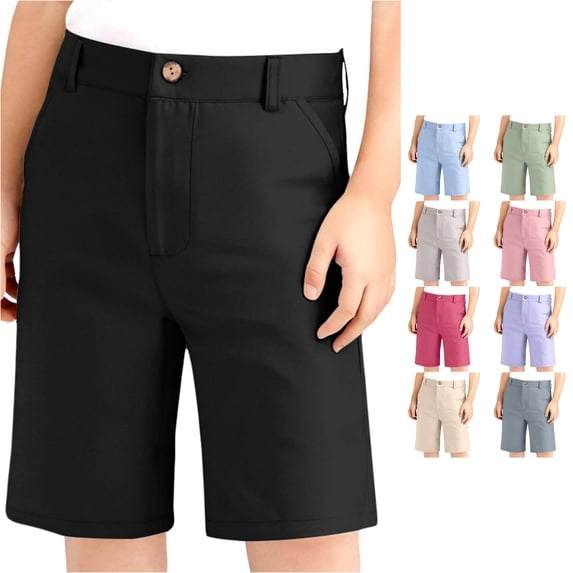 WDDDD Boys Girls Adjustable Waist Stretch Flat Front School Shorts Black 11-12 Years