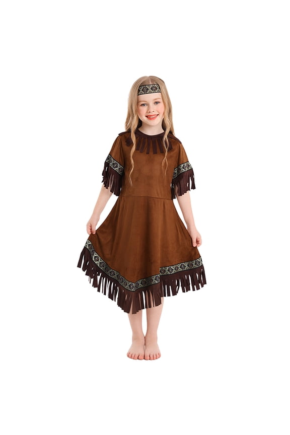 Girls Primitive Fringe Skirt Stage Performance 3PC Clothes Set Coffee 4-6 Years