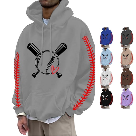 WDDDD Men's Baseball Seam Print Hooded Pullover Baseball Hoodie Top Grey XL