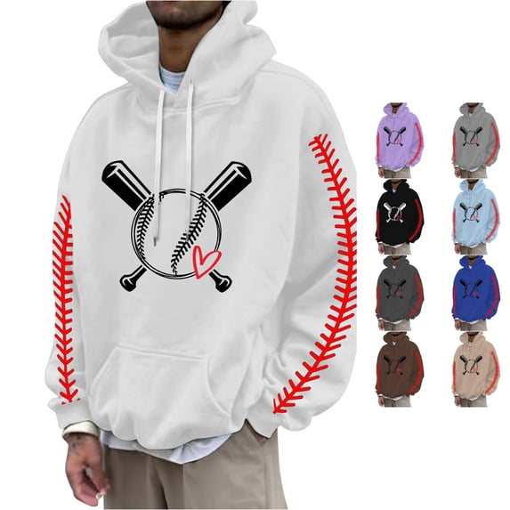 WDDDD Men's Baseball Seam Print Hooded Pullover Baseball Hoodie Top White L