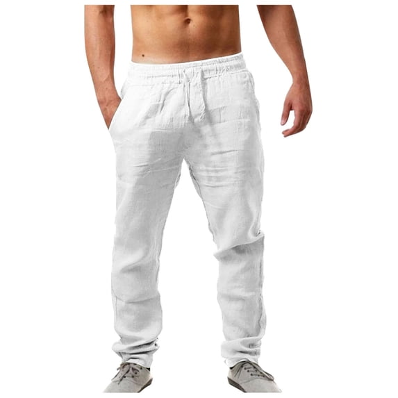 WDDDD Men‘s Casual Linen Pants Loose Fit Elastic Drawstring Waist Straight Leg White XL
