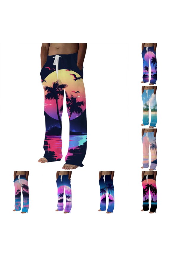 Men's Digital 3D Coconut Tree Theme Casual Pants Spring Summer Black S