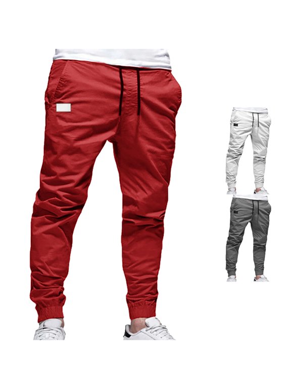 Men's Elastic Waist Light Jogger Cargo Sweatpants Casual Pants Red L
