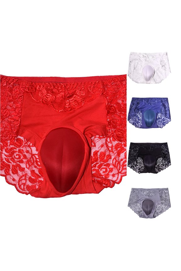 Men's Personality Lace Solid Color Briefs Drag Underwear Red XXXL