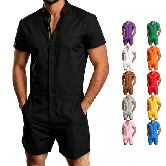 WDDDD Men's Short Sleeve Stand Collar Romper Jumpsuit Summer Shorts Outfit Black XXL