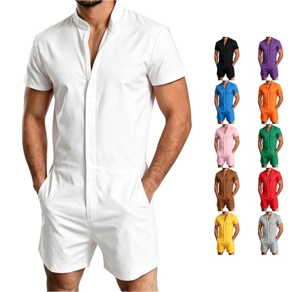 WDDDD Men's Short Sleeve Stand Collar Romper Jumpsuit Summer Shorts Outfit White XL