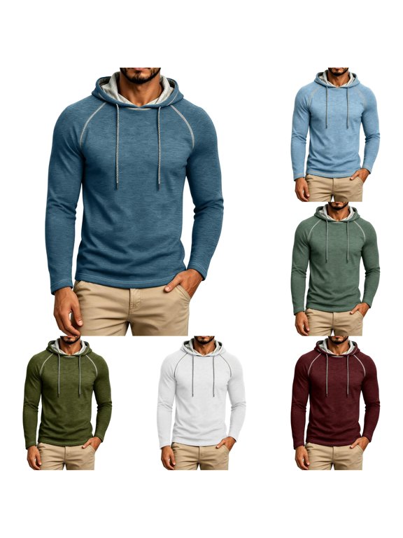 Men's Solid Hooded Long Sleeve Sports Base Layer Thin Hoodie Top Blue XXL