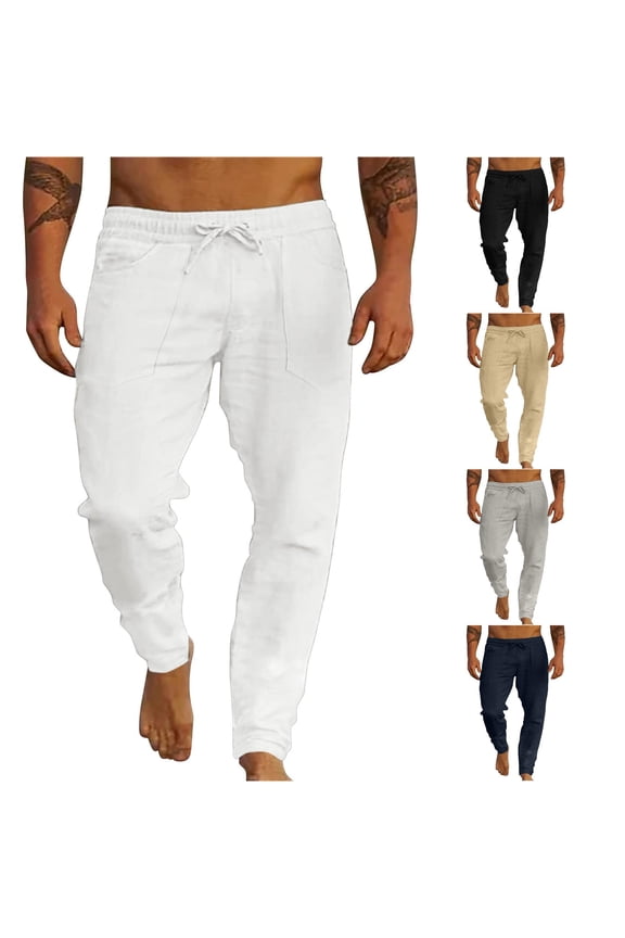 Men's Solid Painting Cotton Linen Plus Size Beach Pants Spring Summer White L
