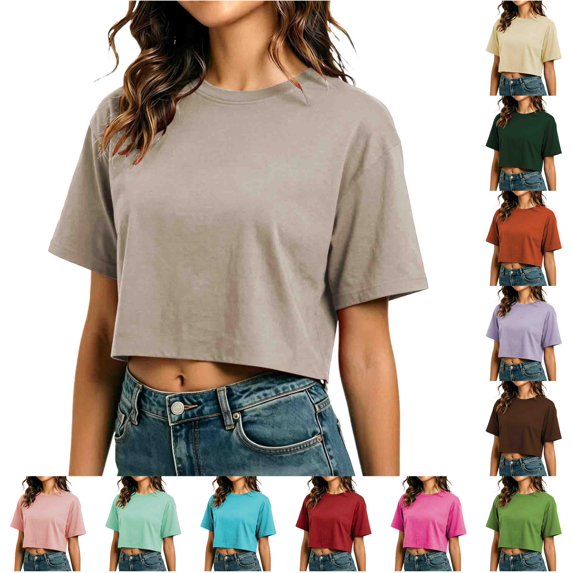 WDDDD Summer Cropped T Shirt Short Loose Fit Round Neck Casual Sporty Tee Top Light Gray XXL