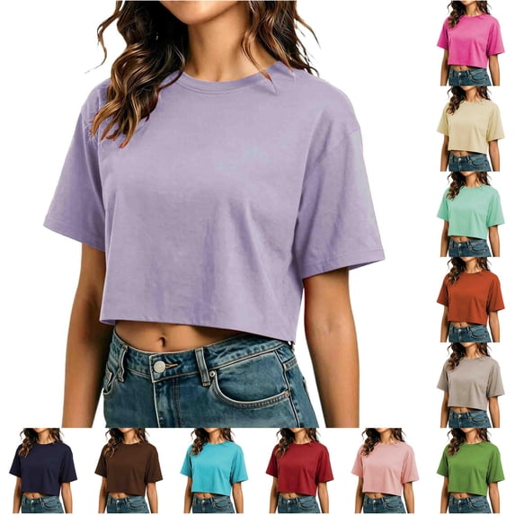 WDDDD Summer Cropped T Shirt Short Loose Fit Round Neck Casual Sporty Tee Top Light Purple M