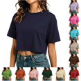 thumbnail image 1 of WDDDD Summer Cropped T Shirt Short Loose Fit Round Neck Casual Sporty Tee Top Navy XXL, 1 of 6