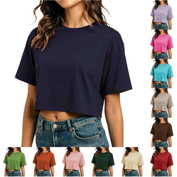 WDDDD Summer Cropped T Shirt Short Loose Fit Round Neck Casual Sporty Tee Top Navy XXL