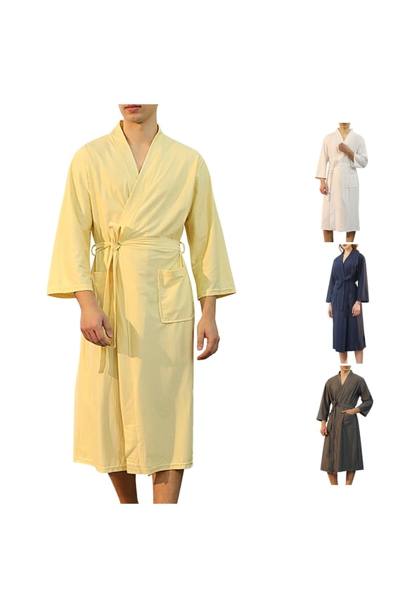 Unisex Pocket Breathable Knee-Length Spliced Soft Sleepwear Spa Robe Yellow M