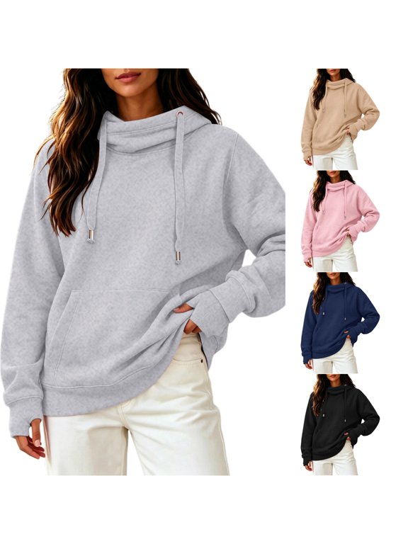Unisex Solid Thumb Hole High Neck Side Pocket Hoodie Grey S