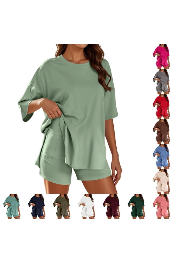 Womenâs 2 Piece Athleisure Set Oversized Short Sleeve Shirt with Biker Shorts Mint Green XXL
