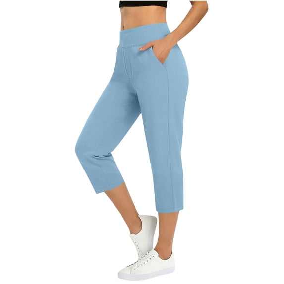 WDDDD Women's 7/8 High Waisted Stretch Capris with Pockets Light Blue XXL