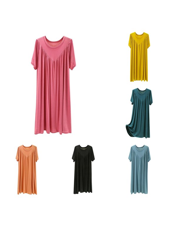 Women's Cotton Pleated Crew Neck Short Sleeve Soft Midi Negligee Dress C L