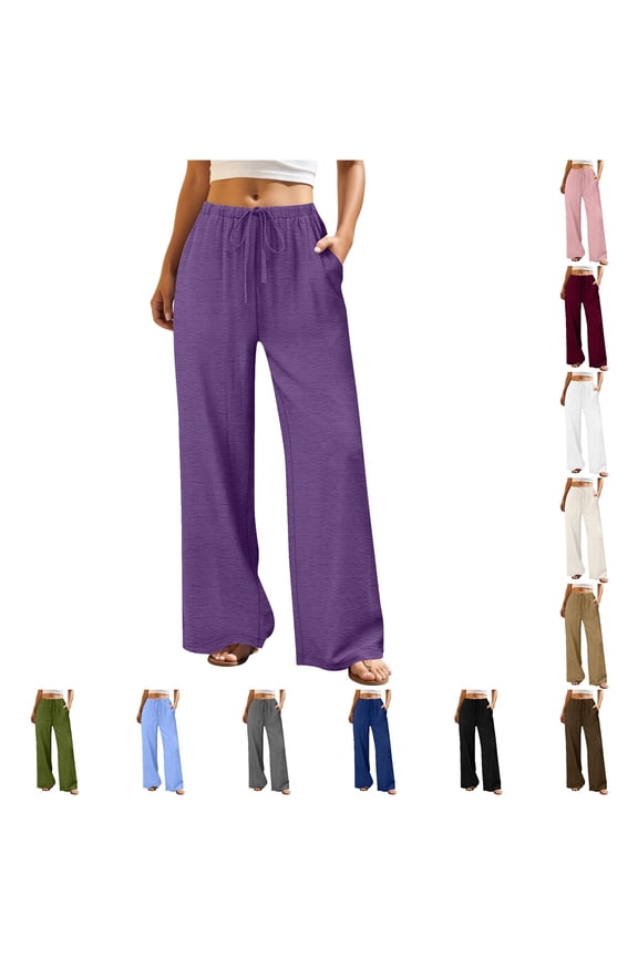 Women‘s Crinkle Gauze Wide Leg Pants Drawstring Elastic Waist with Pockets Casual Purple XXL