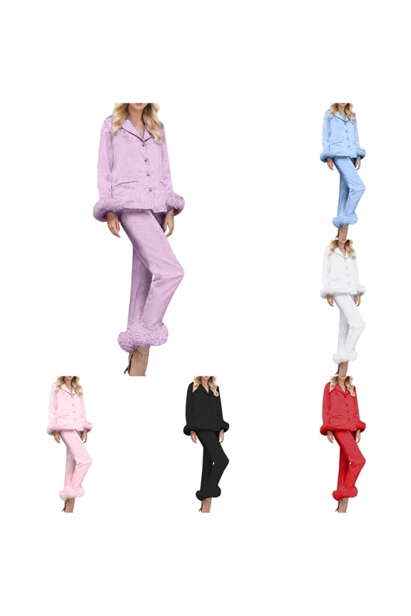 Women's Feather Two-Piece Suit Solid Color Button Tops & Long Pants 2-Piece Winter Sleepwear Set Purple M