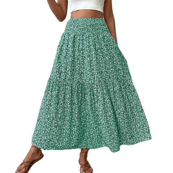 WDDDD Women's Flowy Maxi Skirt Boho A-Line High Waist Beach Vacation Green XL
