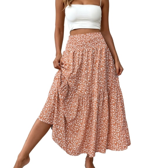 WDDDD Women's Flowy Maxi Skirt Boho A-Line High Waist Beach Vacation Orange XL