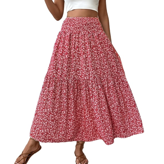 WDDDD Women's Flowy Maxi Skirt Boho A-Line High Waist Beach Vacation Red S