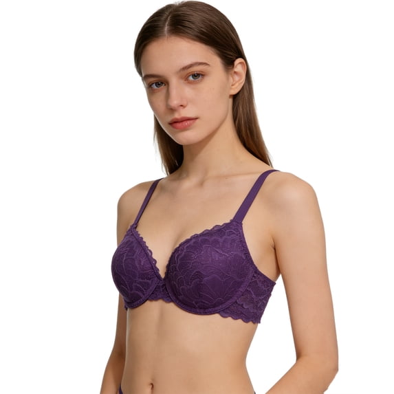 WDDDD Women's Lace Push Up Bra with Side Coverage Dark Purple 90C