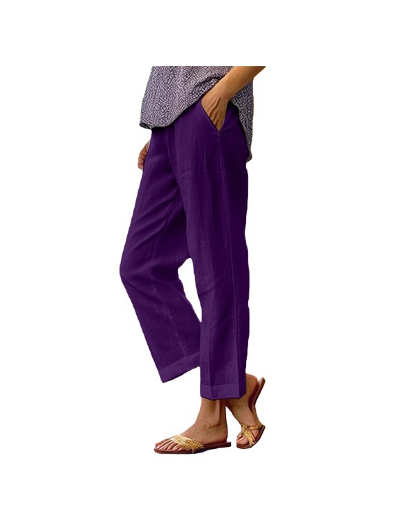 Women's Linen Ankle Pants Straight Leg Cropped with Pockets Elastic Waist Casual Summer Purple XXL