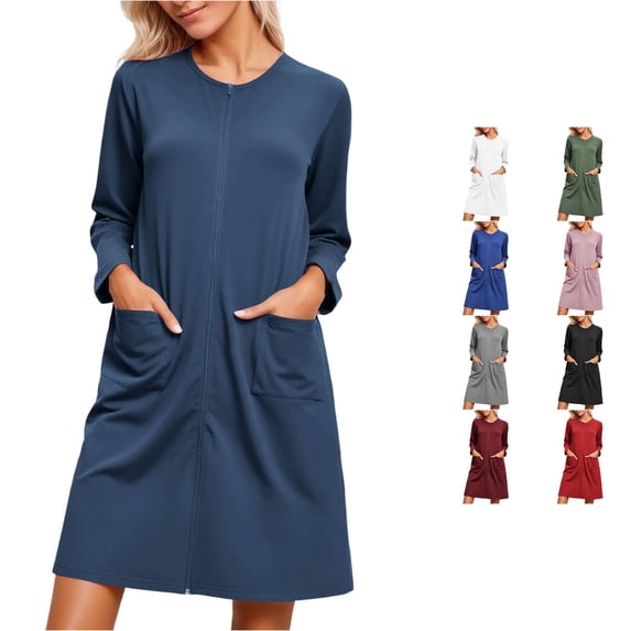 WDDDD Women's Long Sleeve Flowy Nightgown Sleepshirt Navy M