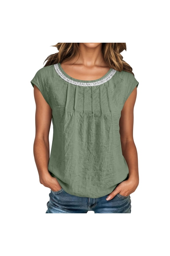 Women's Loose Short Sleeve Floral Lace Collar Flowy Top Green M