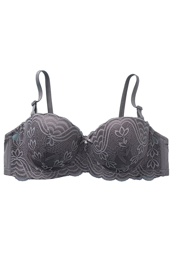 Women's New Half Cup Plus Size Lace Ribbon Steel Ring Gathered Non Sag Bra Grey 80