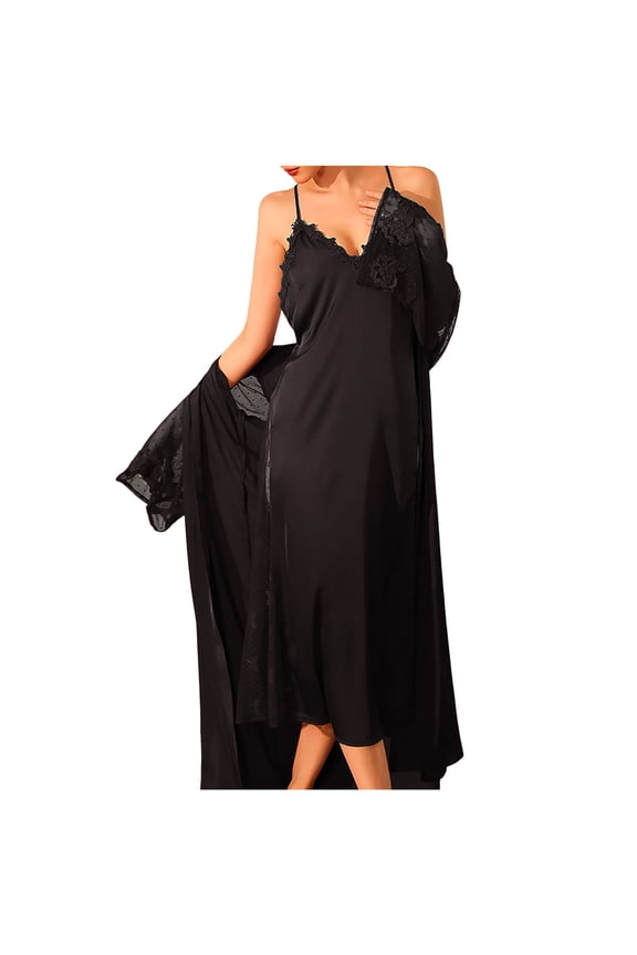 Women's Open Back Lace Stitching Satin Pajama Set Black M