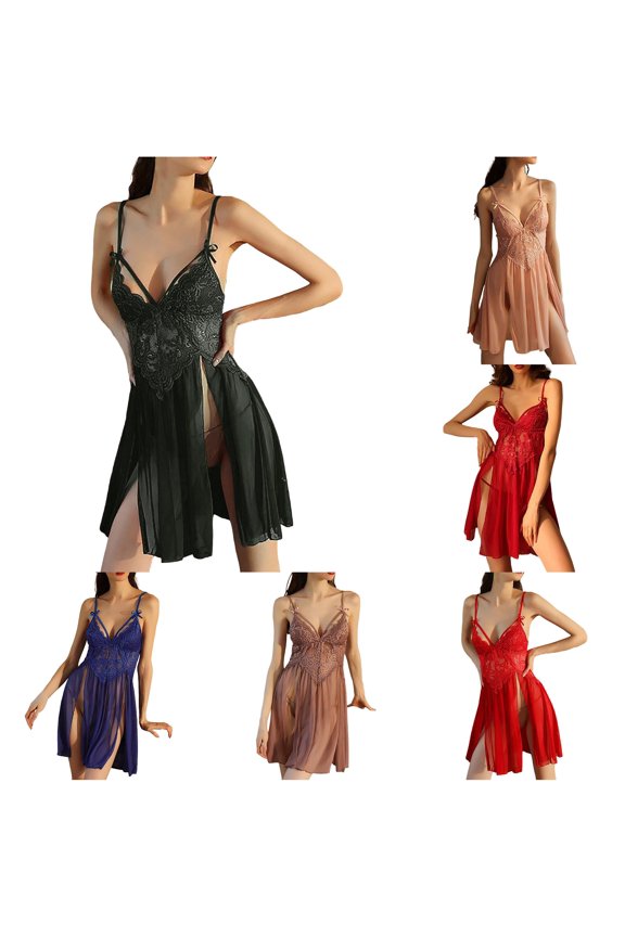 Women's Open Back Lace Stitching Satin Pajama Set Dark Green M
