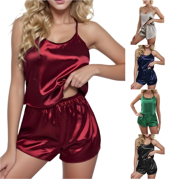 WDDDD Women's Satin Shorts Pajama Set L