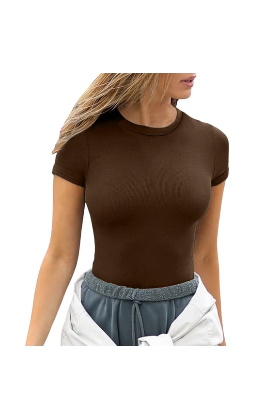 Women's Short Sleeve O Neck Ribbed Slim Fitted Casual Tee Coffee S