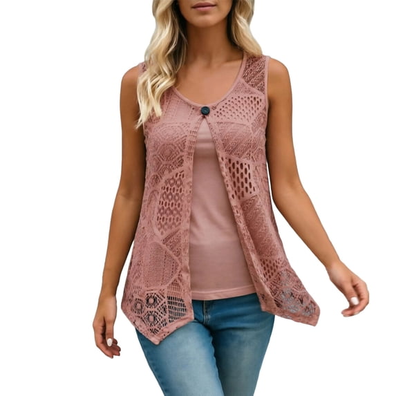 WDDDD Women's Sleeveless Mesh Layered Vest with Decorative Buttons Rose Gold M