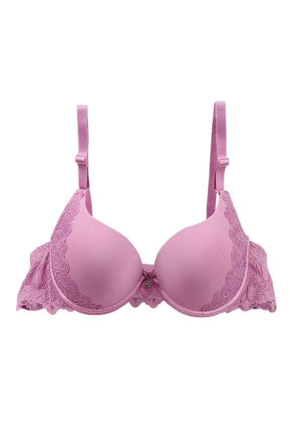 Women's Small Chest Gathered with Steel Ring Adjustable Deep V Solid Color Lace Back Bra Pink 80