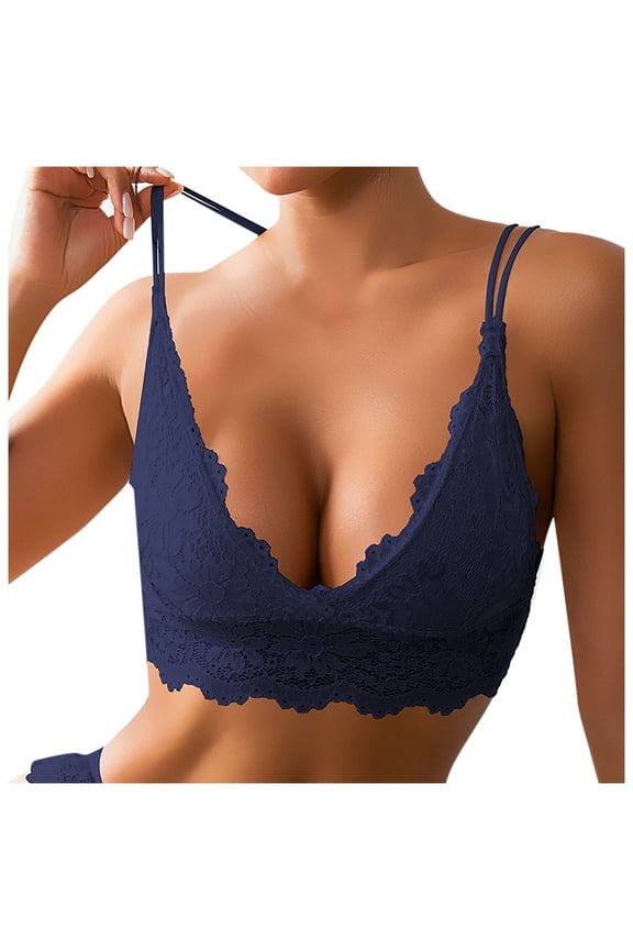 Women's Solid Color Lace Push Up Sag Waistband Vest Bra Without Underwire Blue L
