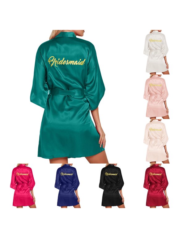 Women's Team Bride Letter Print Satin Kimono Robe Bridesmaid Bathrobe Green L