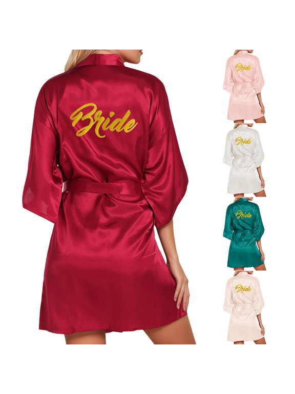 Women's Team Bride Letter Print Satin Kimono Robe Bridesmaid Bathrobe Red M