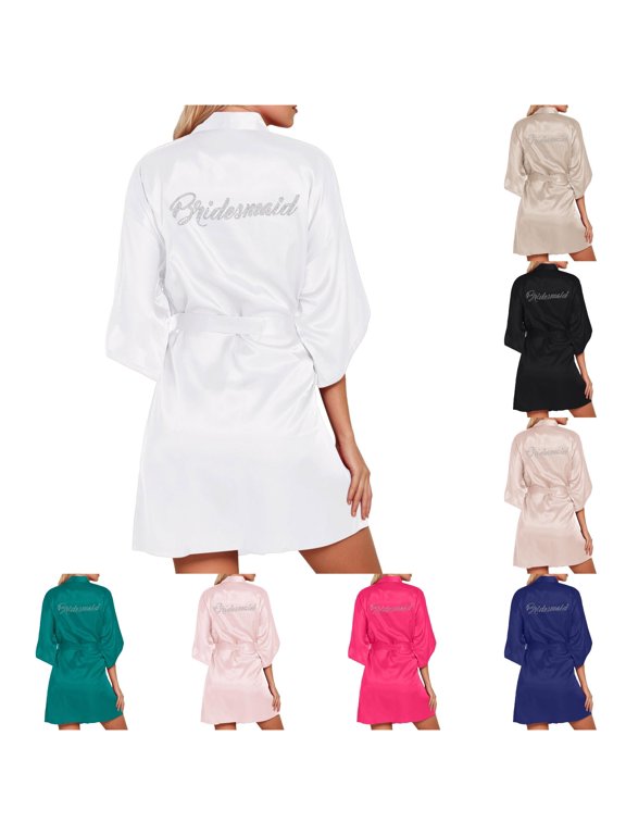 Women's Team Bride Letter Print Satin Kimono Robe Bridesmaid Bathrobe White One Size