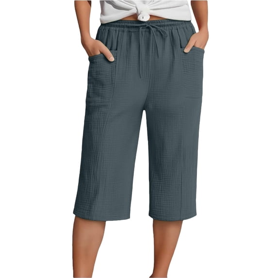 WDDDD Women‘s Wide Leg Cropped Capri Pants Cotton Linen Drawstring Elastic Waist Casual Summer Dark Gray M