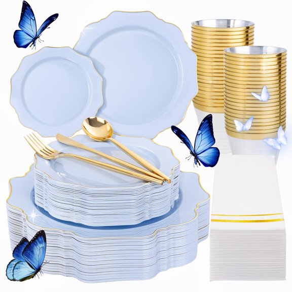 WDF 175Pcs Blue Plastic Plates - Heavy Duty Baby Blue Plates Disposable - 25Guests Plastic Dinnerware Ideal for Parties/Wedding/Spring/First Communion/Fathers Day