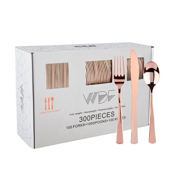 WDF 300 Pieces Rose Gold Plastic Silverware- Disposable Flatware Set - Heavy Duty Plastic Cutlery Includes 100 Forks, 100 Spoons, 100 Knives Perfect for Wedding, Party,Birthday Y101